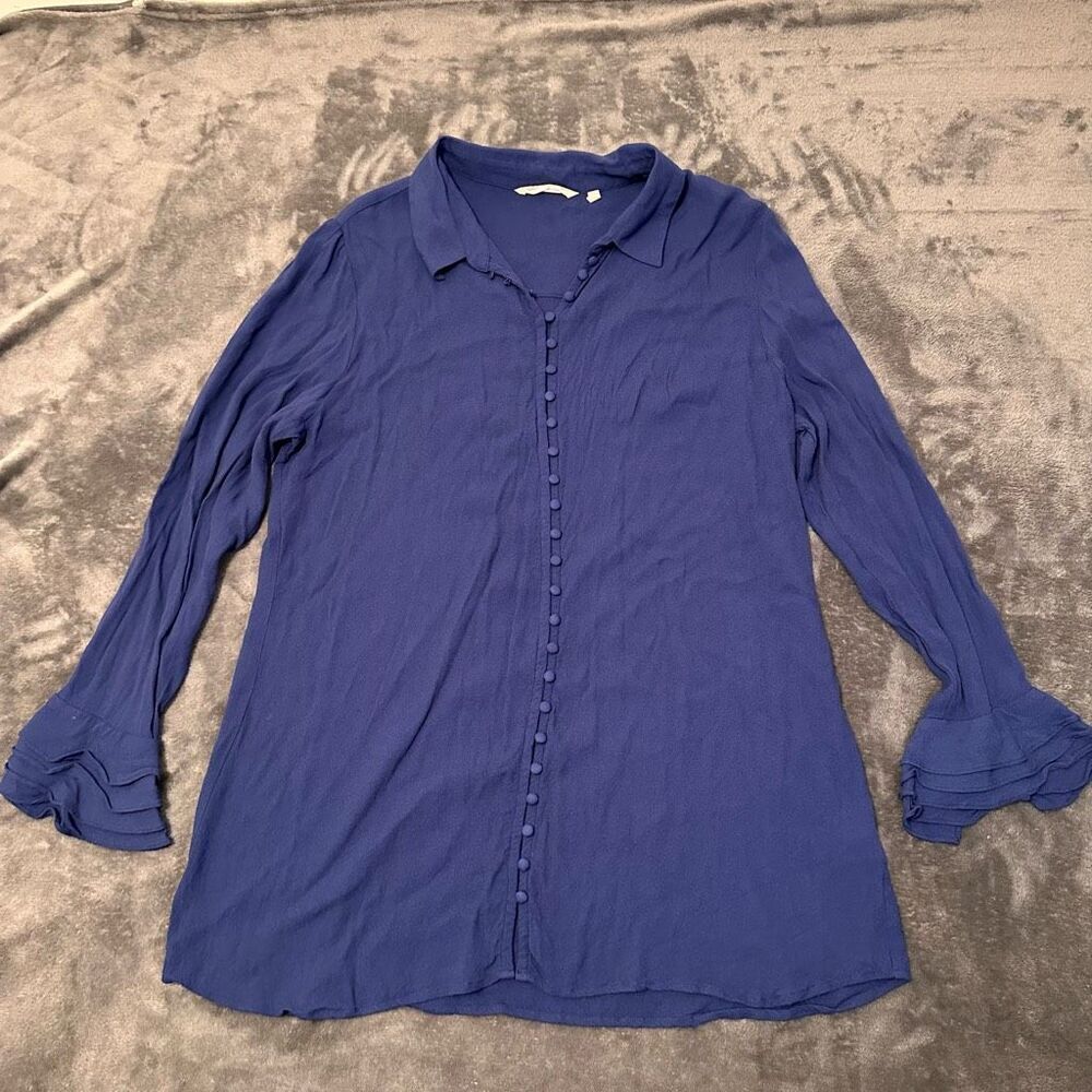 Soft Surroundings LS Ruffle Sleeve Tunic Blouse Womens XL Blue 100% Rayon Breezy